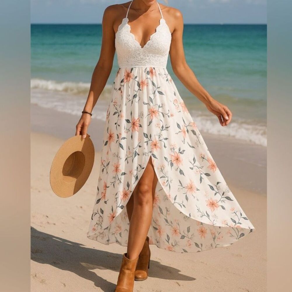 Blooming Jelly Floral Lace Maxi Dress White Boho Halter V-Neck Size L NWT